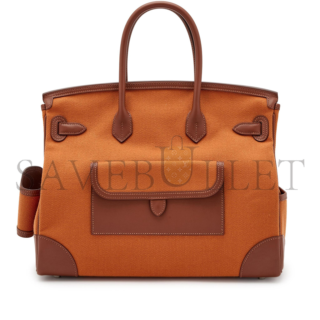 H**mes master birkin 35 canvas and swift leather orange silver buckle h079238cka2 (35*25*18cm)